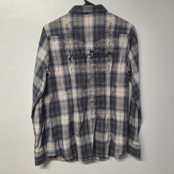 Harley Davidson Plaid Snap Up Down Fringe Embroidered Mens Small Motorcycle Club - Picture 3 of 11